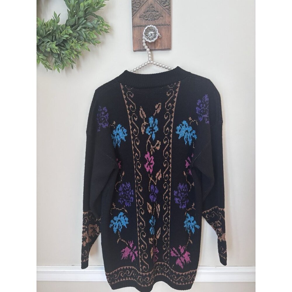 Vintage Dana Scott Womens Size M Black Sparkly Floral Tunic Sweater Mock Neck - Picture 3 of 5